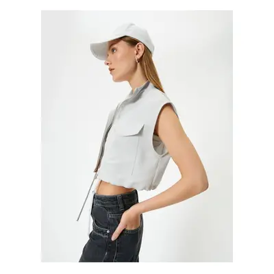 Koton Crop Vest with Zippered Flap Pockets Standing Collar