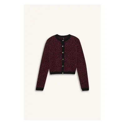 DEFACTO Regular Fit Crew Neck Leopard Patterned Buttoned Knitted Cardigan