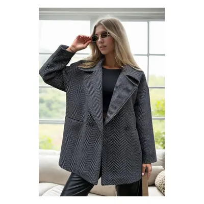 50406 Dewberry Herringbone Oversize Women Coat-ANTHRACITE