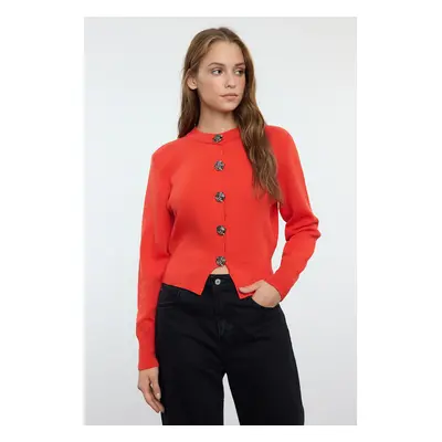 Trendyol Red Premium Yarn/Special Yarn Crop Rose Button Detail Jacket Look Knitwear Cardigan