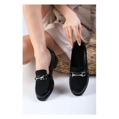 Mio Gusto Black Color Patent Leather And Suede Women's Casual Oxford Flat Shoes.