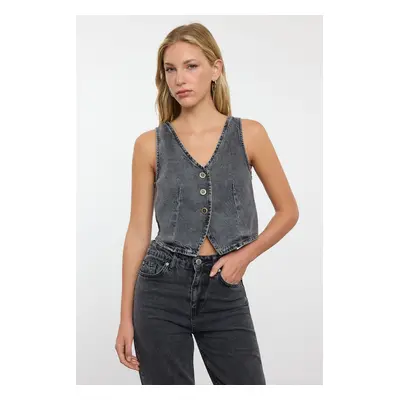 Trendyol Anthracite V-Neck Fitted Denim Vest