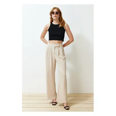 Trendyol Stone Hook and Loop Closure High Waist Pleated Wide Leg/Wide Cut Knitted Trousers