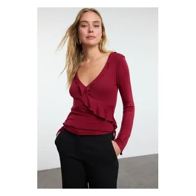 Trendyol Claret Red Wrap Knitwear Look Spanish Sleeve Regular Pattern Knitted Blouse