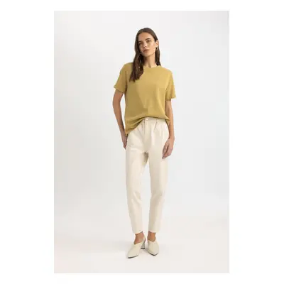 DEFACTO Paperbag Gabardine Trousers High Waist Pocket Basic Straight Standard Leg