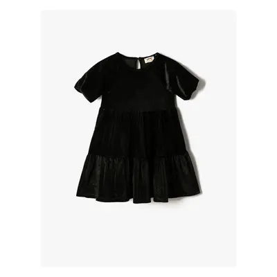 Koton Velvet Lurex Dress Short Balloon Sleeve Tiered Round Neck