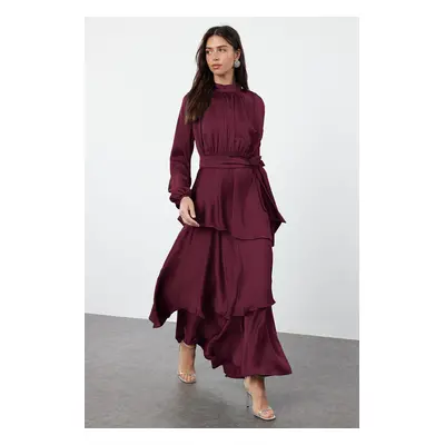 Trendyol Burgundy Skirted Layered Satin Woven Evening Dress