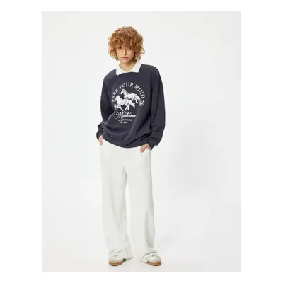 Koton Oversize Polo Neck Sweatshirt College Themed Printed Ribbon