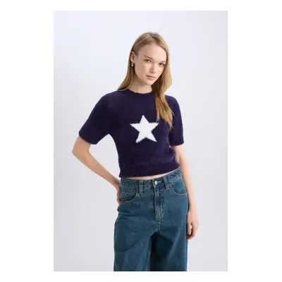 DEFACTO Coool Fitted Crew Neck Star Printed Short Sleeve Plush Knit Sweater