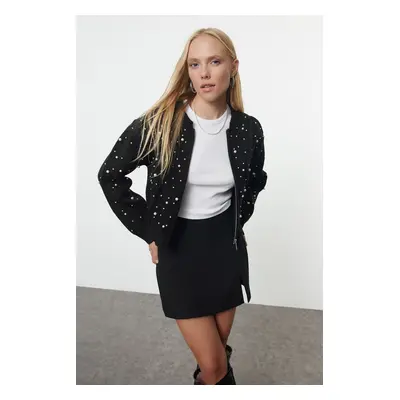 Trendyol Black Soft Textured Zippered Stone Embroidered Jacket-Look Knitwear Cardigan