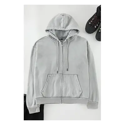 Trendyol Grey Oversize/Wide Cut Zipper Crop/Short Hooded Sweatshirt