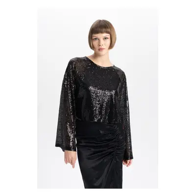 DEFACTO Crop Round Neck Sequined Fabric Long Sleeve Blouse