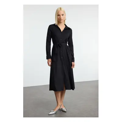 Trendyol Black Crepe Shift Belted Long Sleeve Stretch Knit Dress