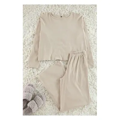 Trendyol Beige Ribbed Knitted Pajama Set