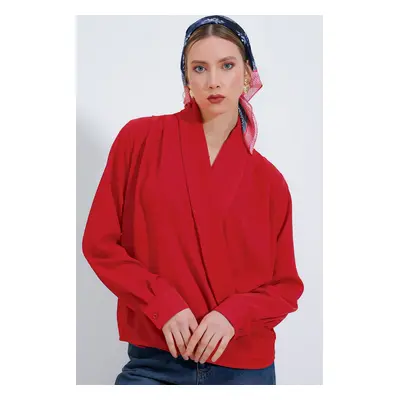 Bigdart Women's Red Double Breasted Collar Flowy Satin Blouse