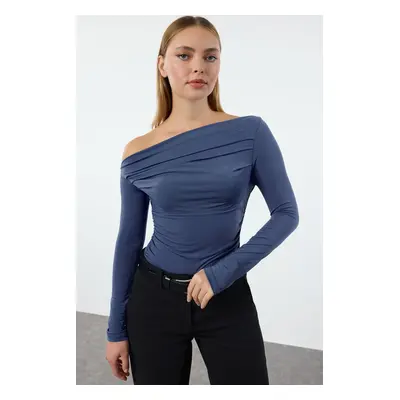 Trendyol Indigo Gathered/Draped Detailed Fitted/Fits the Body Long Sleeve Flexible Knitted Blous