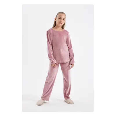 DEFACTO Girls Pajama Set Crew Neck Fleece Long Sleeve Top Long Bottom