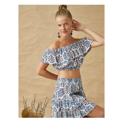 Koton Ethnic Patterned Frilly Off-Shoulder Crop Blouse