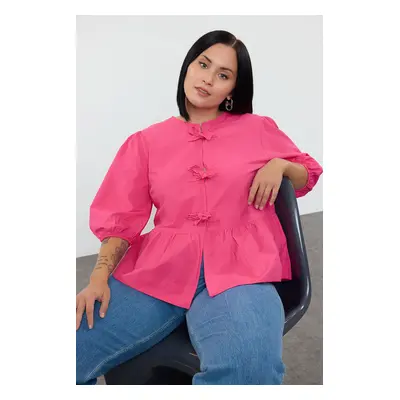 Trendyol Curve Pink Women's Bowknot Woven Plus Size Blouse