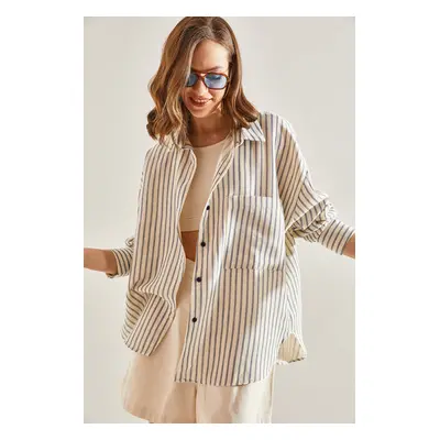 Bianco Lucci Women's Striped Single Pocket Oversize Shirt