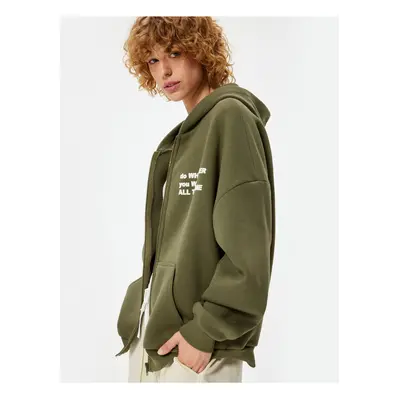 Koton Oversize Hooded Raised Zippered Printed Sweatshirt