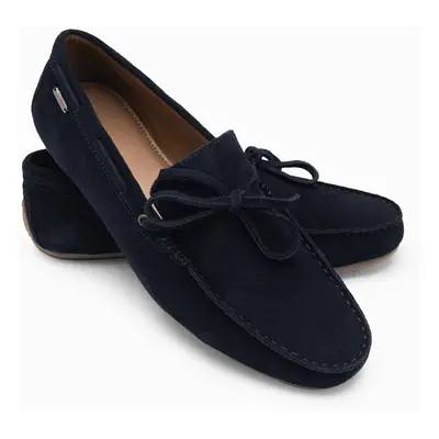 Ombre Men's leather moccasin shoes with thong and driver sole - navy blue