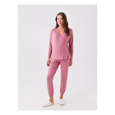 LC Waikiki Double Breasted Neck Plain Long Sleeve Maternity Pajamas Set