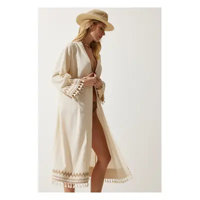 Happiness İstanbul Women's Cream Tassel Guipure Detail Long Linen Kimono