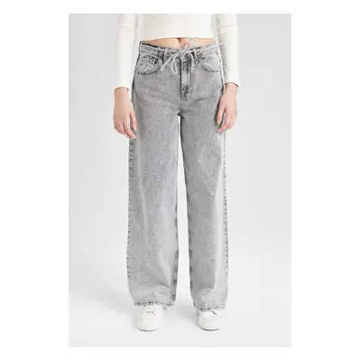 DEFACTO Wide Leg High Waist Long Jean Washed Trousers