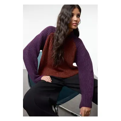 Trendyol Plum Color Block Zippered Knitwear Sweater