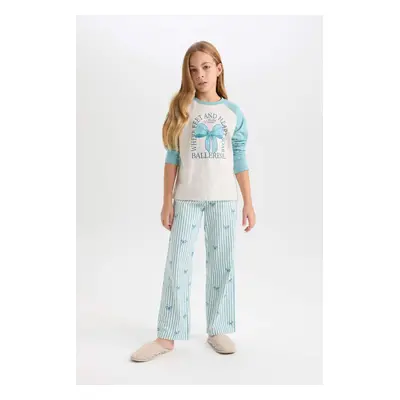 DEFACTO Girls Pajama Set Crew Neck Printed Long Sleeve Top Striped Long Bottom