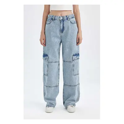 DEFACTO Straight Fit Cargo High Waist Long Jean Washed Trousers