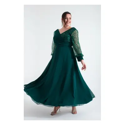 Lafaba Women's Plus Size Emerald Green Sleeves Beaded Midi Evening Dress