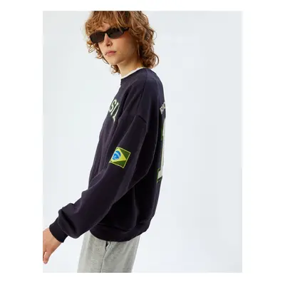 Koton Embroidered Sweatshirt on the Back Oversize Crew Neck Slogan Printed Raised