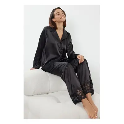 Trendyol Black Lace Detailed Satin Woven Pajama Set