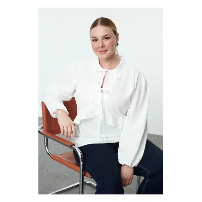 Trendyol Curve White Laced Ruffle Long Sleeve Plus Size Blouse