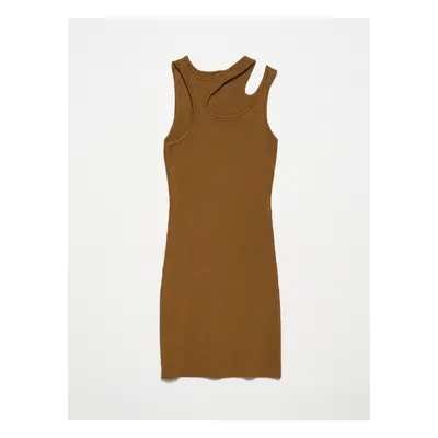 Dilvin Crew Neck Left Shoulder Decollete Knitwear Dress-Khaki