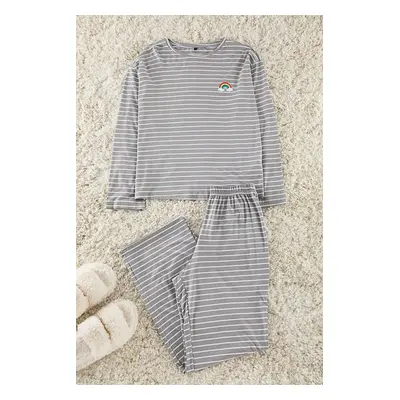 Trendyol Grey Striped Rainbow Printed Viscose Knitted Pajama Set