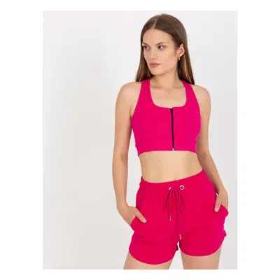 Fuchsiový žebrovaný základní crop top se zapínáním RUE PARIS