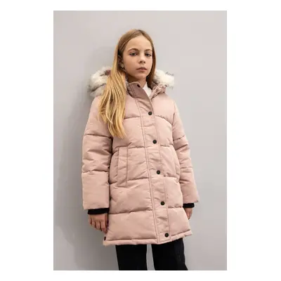 DEFACTO Girls Hooded Detachable Hood Faux Fur Zipper Snap Closure Long Coat Parka