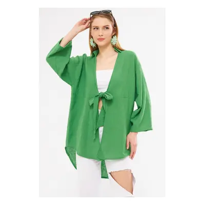 armonika Women's Green Linen Look Front Tie Kimono Shirt