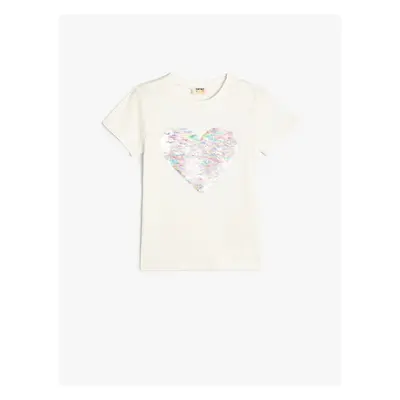 Koton T-Shirt Sequined Sequined Heart Crew Neck Cotton