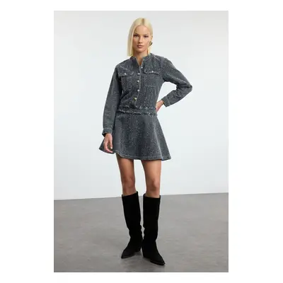 Trendyol Grey Pocket Detailed Textured Mini Denim Dress