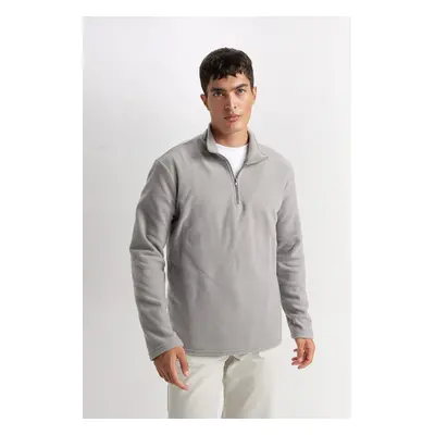 DEFACTO Gray Non-Pilling Cold-Proof Regular Fit Stand-up Collar Zippered Polar Fleece Sweatshirt