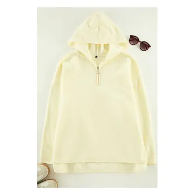 Trendyol Curve Ecru Thick Fleece Hooded and Zippered Oversize/Wide Pattern Knitted Sweatshirt