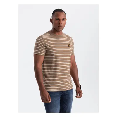 Men's striped t-shirt with Ombre Design patch - brown and white