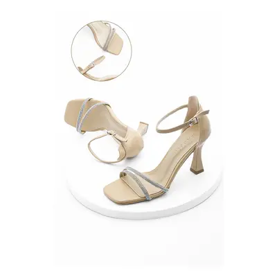 Marjin Women's Evening Dress with Stones Heels and Flat Toe Sapro Beige.