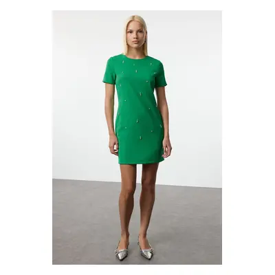 Trendyol Green Shift/Plain Pattern Stone Embroidered Mini Woven Dress