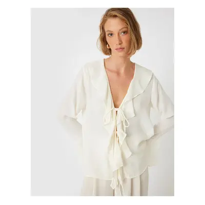 Koton Front Tie Ruffle Shirt Long Wide Sleeve V Neck