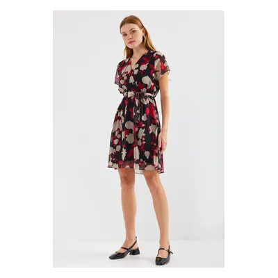 Bigdart Short Sleeve Patterned Chiffon Dress - Claret Red